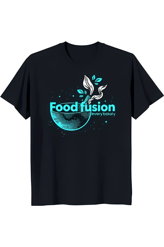 Black T-Shirt with Light Blue Graphic and Leafy Design