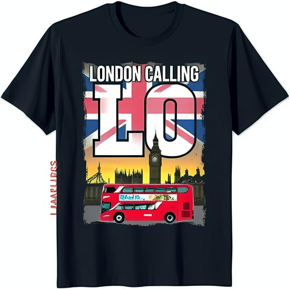 Black T-Shirt with London Graphic: Red Bus