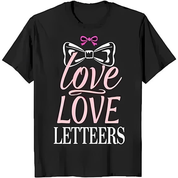 Black T-Shirt with 'Love Love Letters' Design & Pink Bow Stylish Graphic Tee