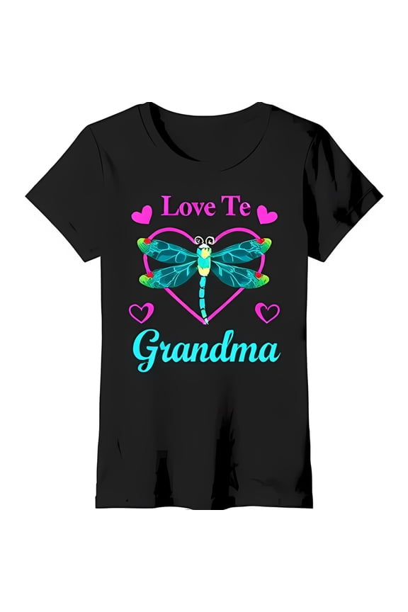 Black T-Shirt with 'Love Te Grandma' in Teal Pink Hearts & Dragonfly Design