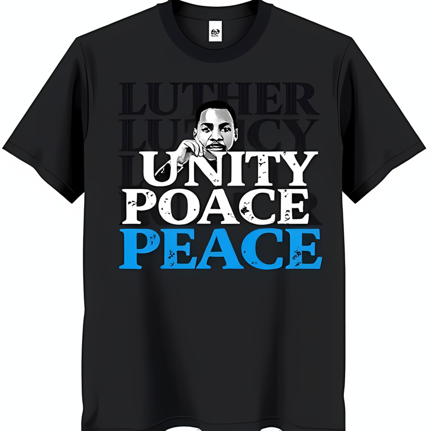 Black TShirt with Luther King Jr Graphic 'LUTHER' & 'PEACE' Design