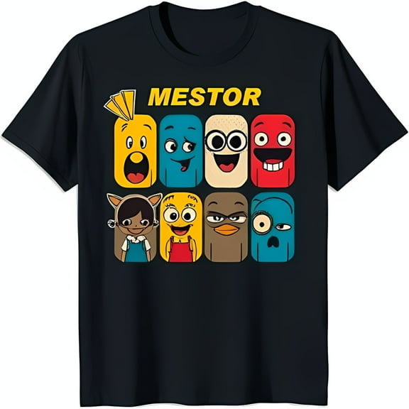 Black T-Shirt with 'MESTOR' and Colorful Cartoon Characters Fun Graphic Tee for and Adults