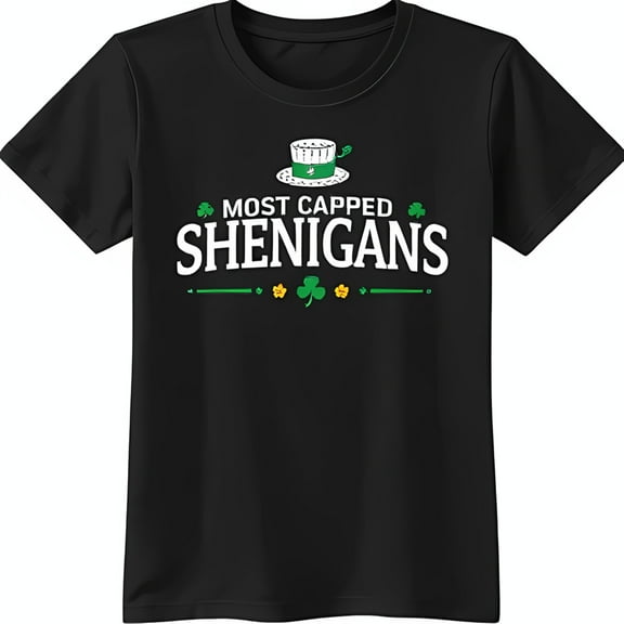 Black T-Shirt with 'MOST CAPPED SHENIGANS' Graphic & Shamrocks Design