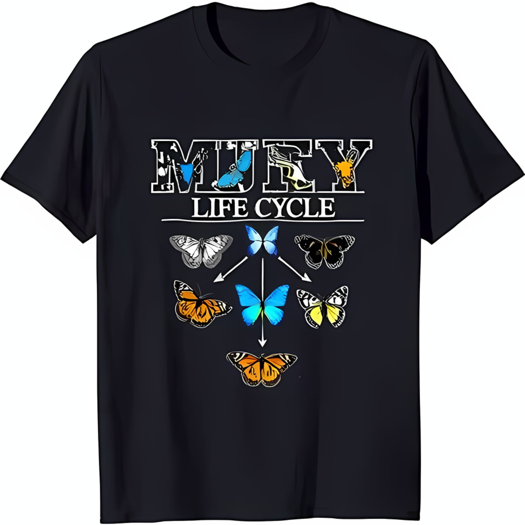 Black TShirt with 'MUTHA LIFE CYCLE' Graphic & Butterfly Life Cycle