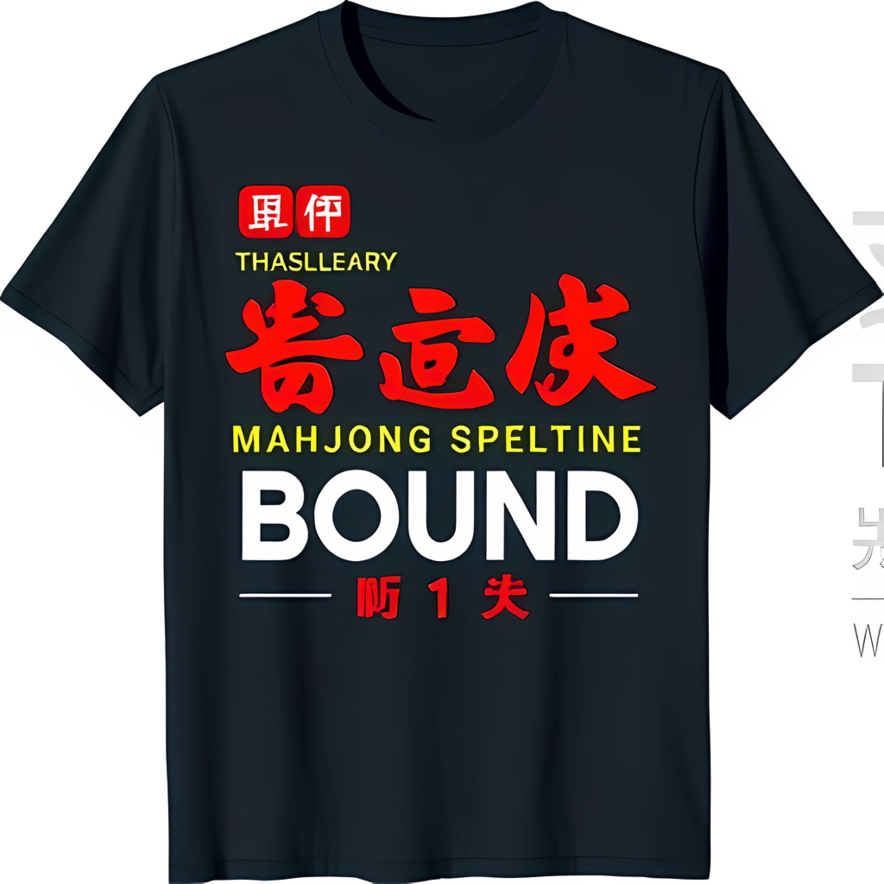 Black TShirt with 'Mahjong Speltine Bound' Design Red and White
