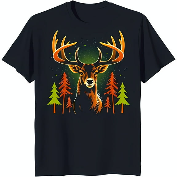 Black T-Shirt with Majestic Deer Graphic in Forest Setting