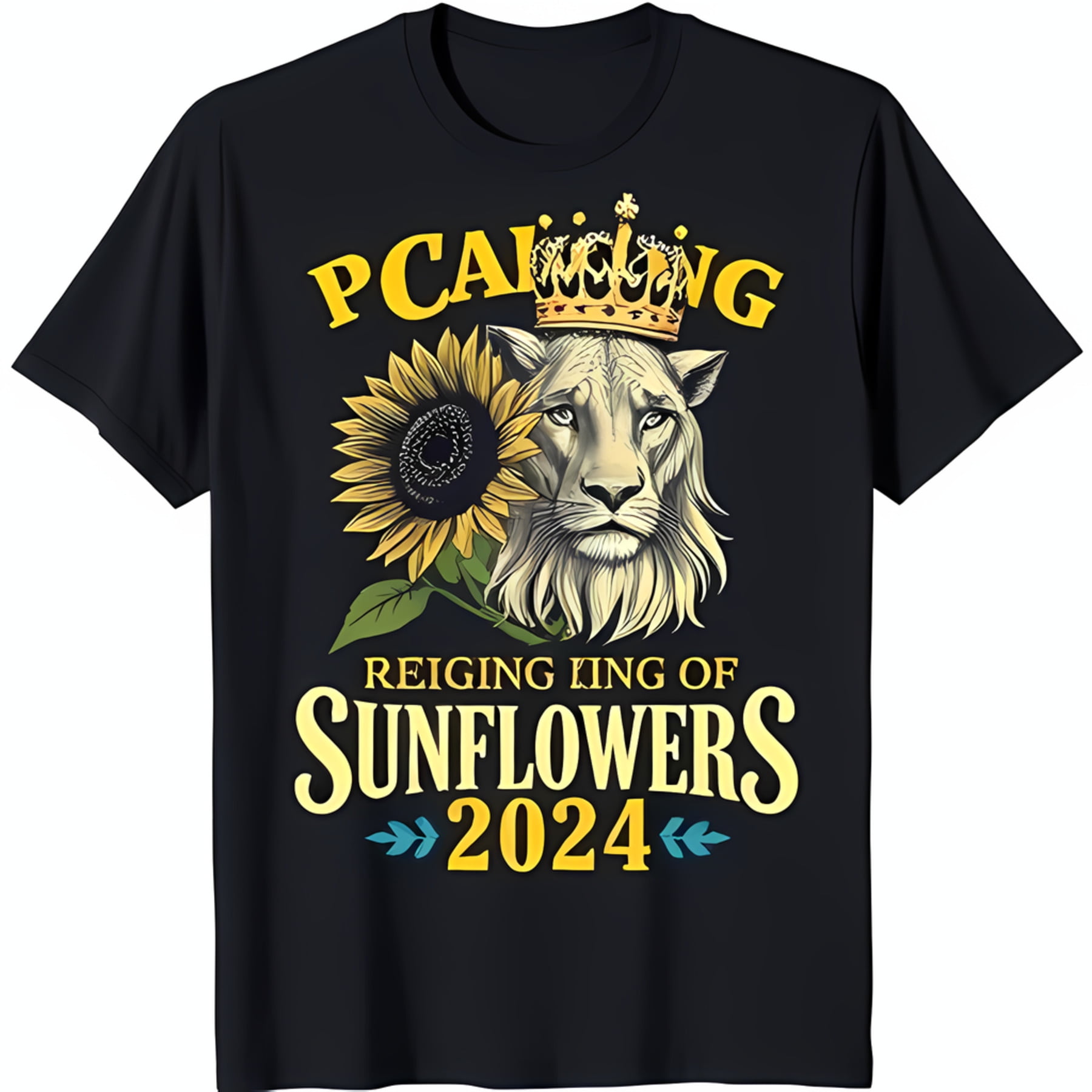 Black TShirt with Majestic Lion Crown & Sunflower Graphic King of
