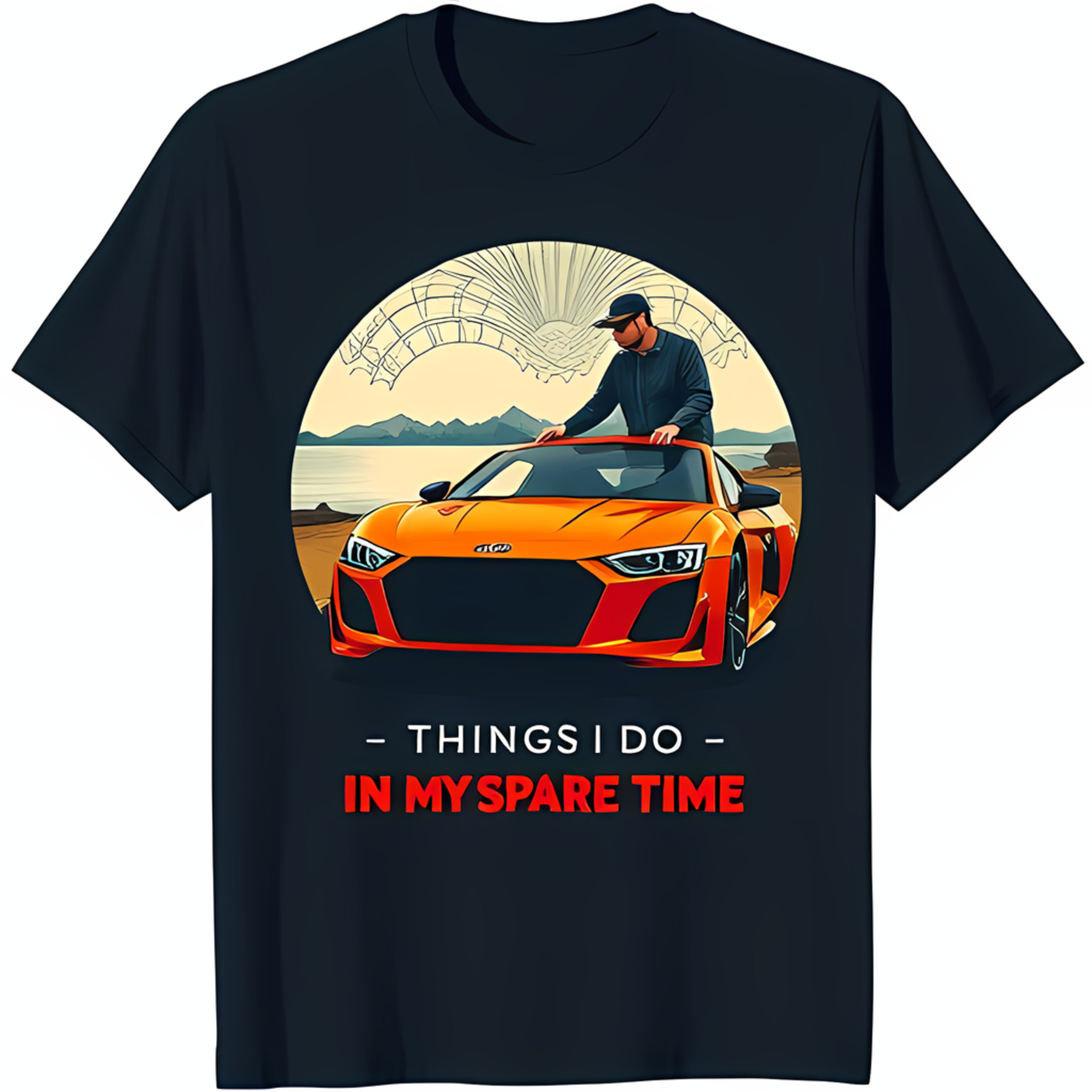Black TShirt with Man Leaning on Bright Car & Mountain View 'Things I