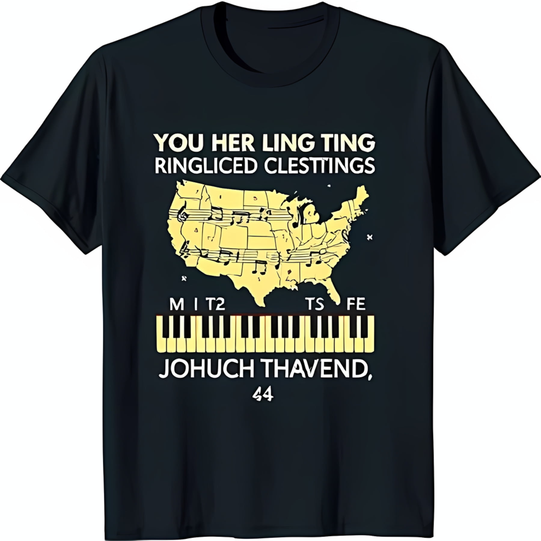 Black TShirt with Map Musical Notes Piano Keyboard & Unique Phrases