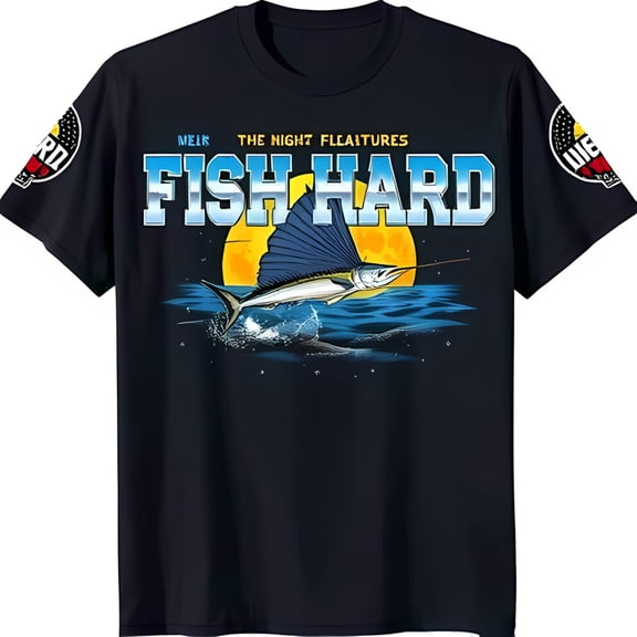Black T-Shirt with Marlin Graphic & Yellow Moon ' The Night Features Fish '