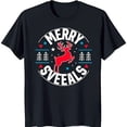 thumbnail image 1 of Black T-Shirt with Merry Sveels Design Red Reindeer & Blue Pine Trees, 1 of 5
