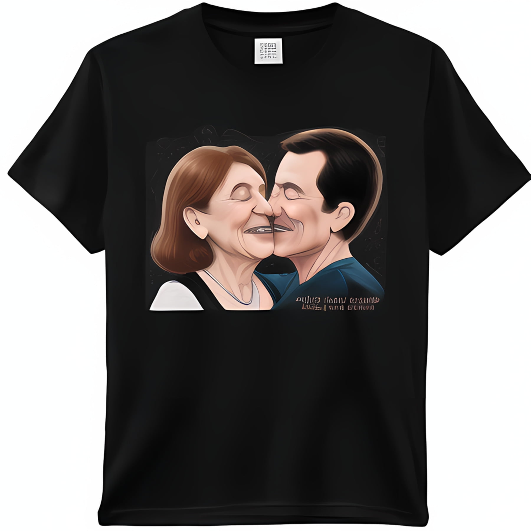 Black T-Shirt with Middle Aged Couple Caricature Kissing 'Body' Print ...