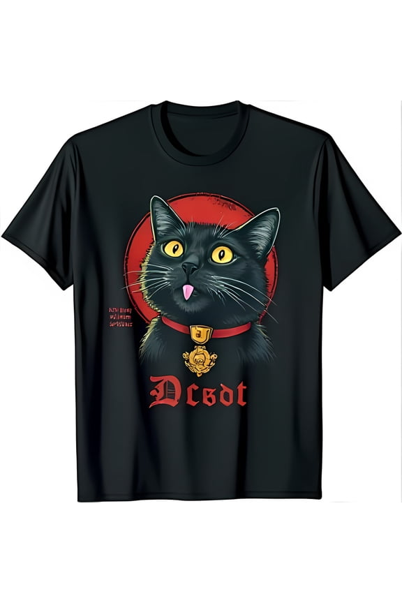 Black T-Shirt with Mischievous Black Cat in Red Collar Gothic Dcsdt Design