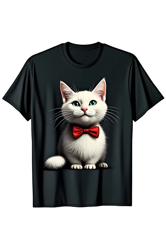 Black T-Shirt with Mischievous White Cat in Red Bow Tie Graphic Fun & Stylish