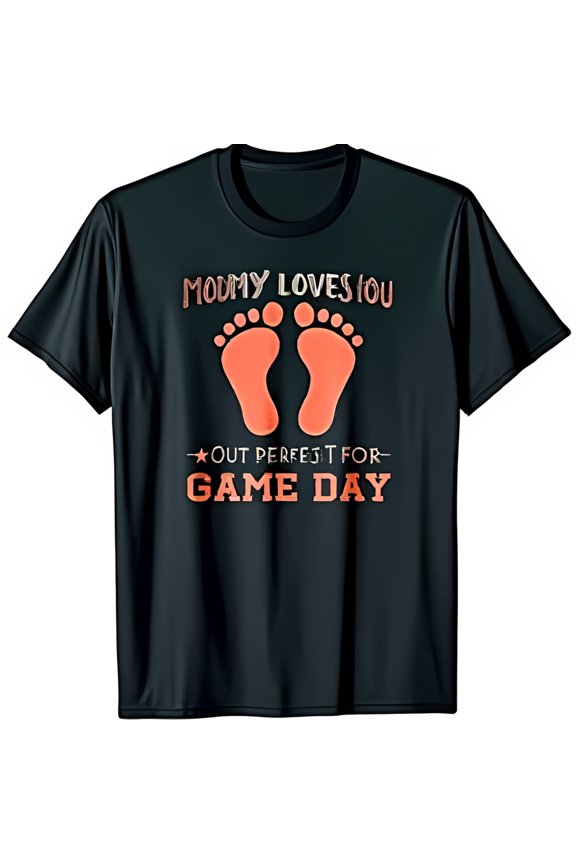 Black T-Shirt with 'Mommy Loves You' & Footprints for Game Day