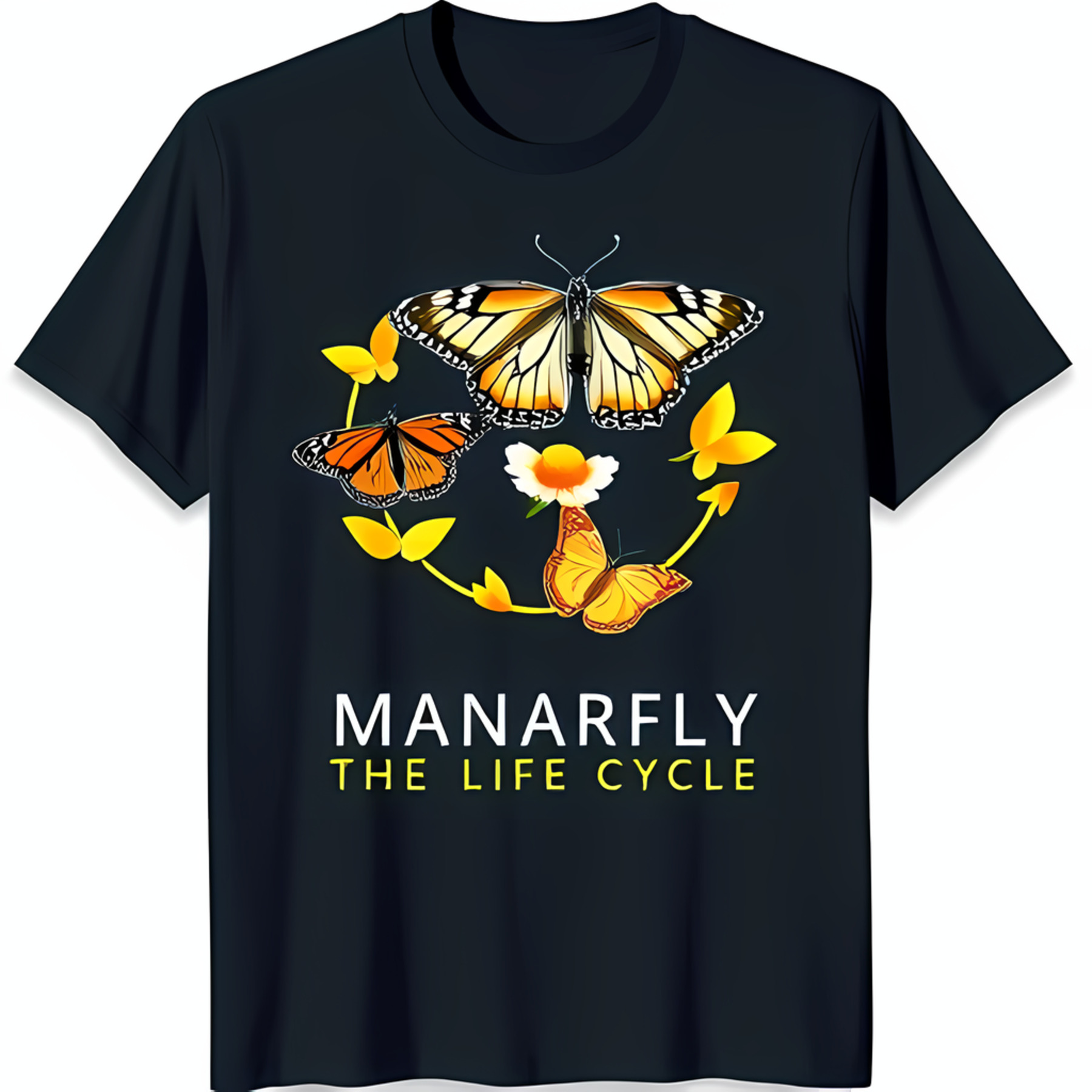Black TShirt with Monarch Butterfly Graphic & 'MANARFLY THE LIFE CYCLE