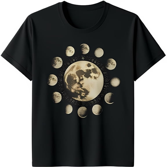 Black T-Shirt with Moon Cycle Graphic Full Moon & Starry Phases Design