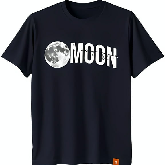 Black T-Shirt with Moon Graphic & 'MOON' Text Classic Neck