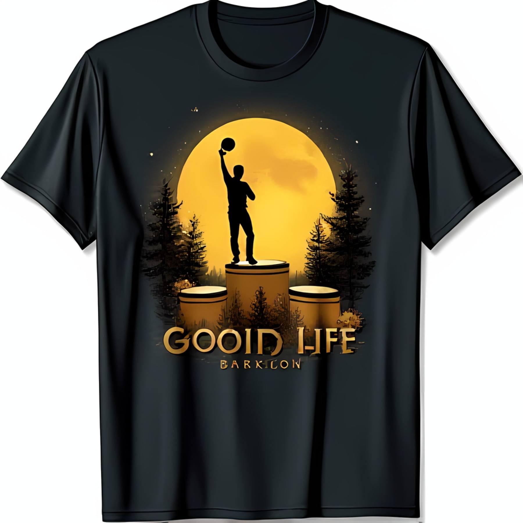 Black TShirt with Moonlit of Man Throwing Ball & Trees Good Life