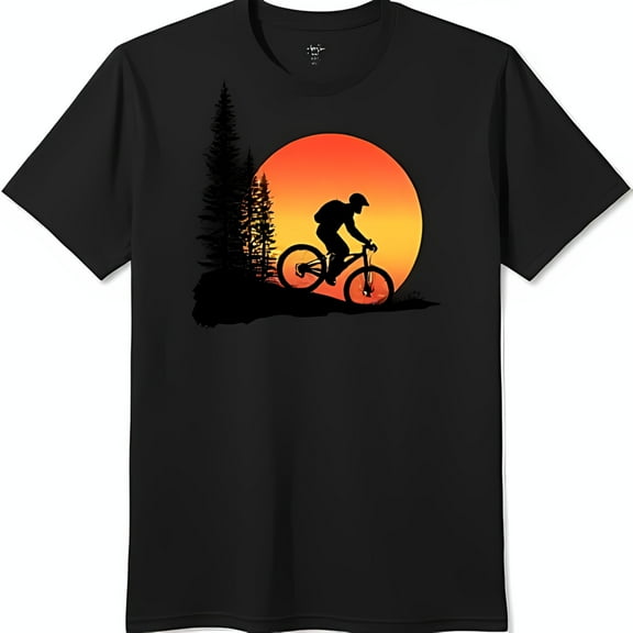 Black T-Shirt with Mountain Biker & Vibrant Sunset Graphic