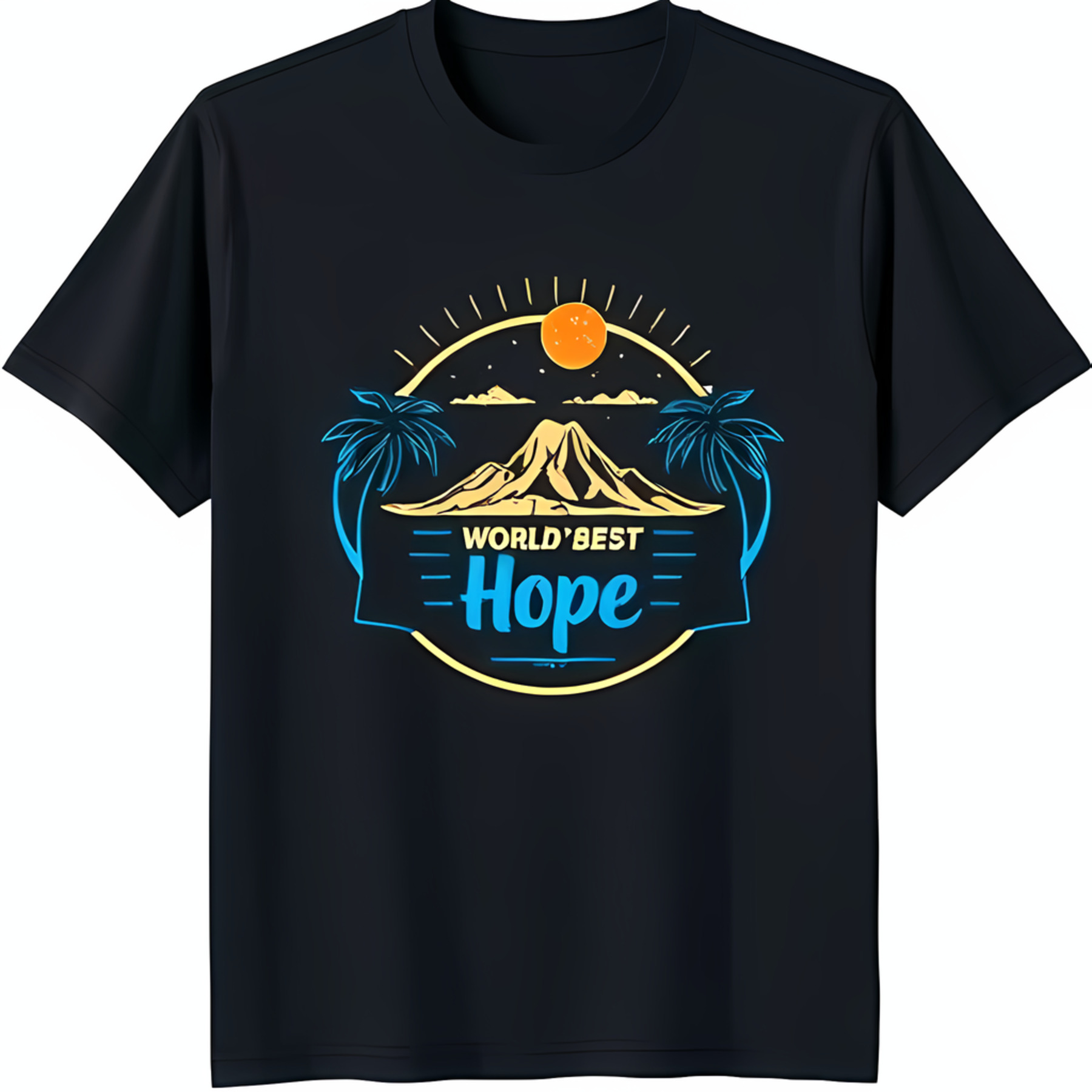 Black TShirt with Mountain Range Graphic Trees & 'World's Best Hope