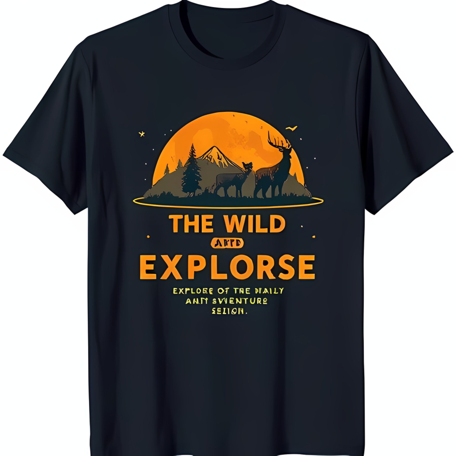 Black TShirt with Mountain Sunset Graphic & Deer 'The Wild and Explore