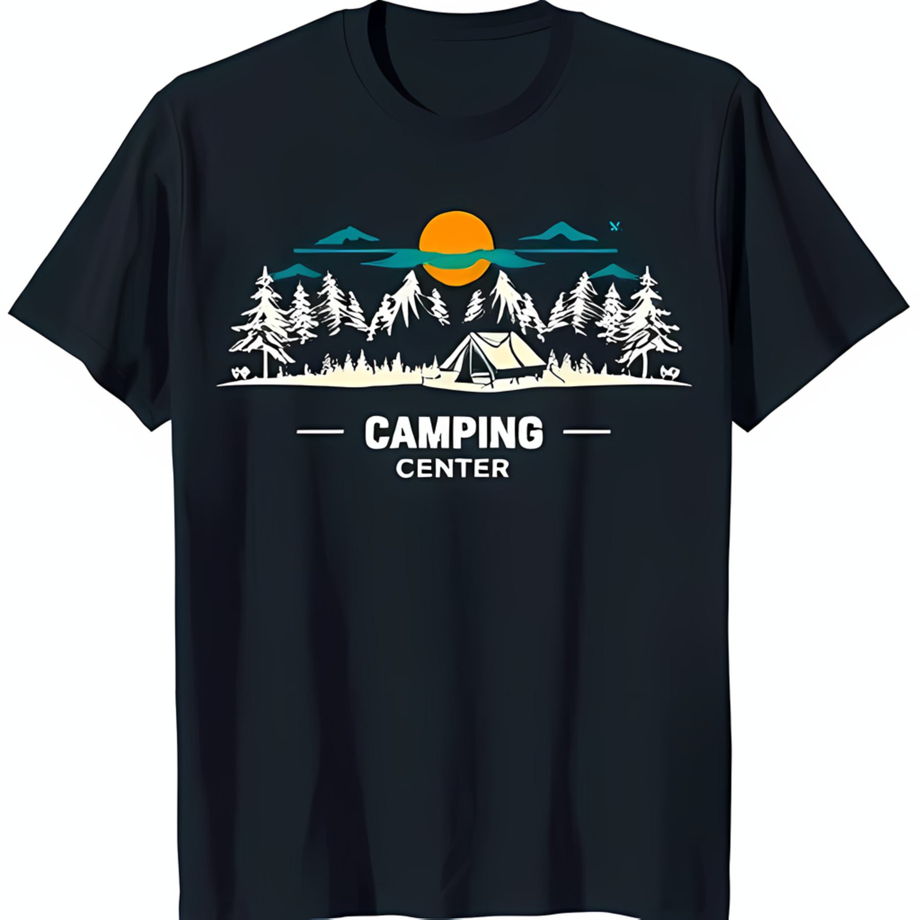 Black TShirt with Mountain Sunset Graphic Pine Trees & Tent Camping