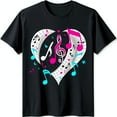 thumbnail image 1 of Black T-Shirt with Musical Heart Graphic Colorful Pink & Blue Notes Design, 1 of 5