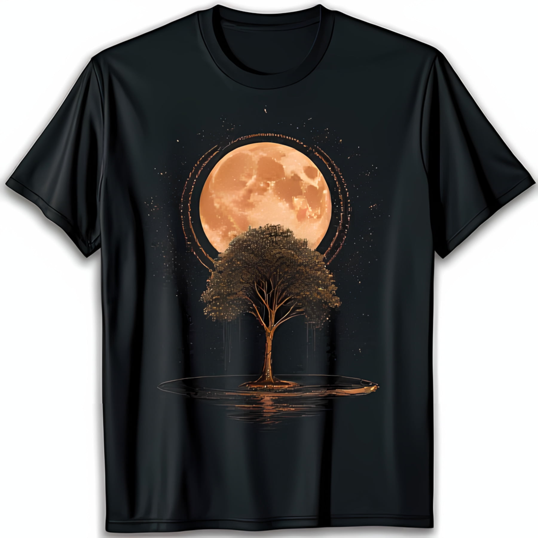 Black TShirt with Mystical Full Moon and Starry Night Tree Design
