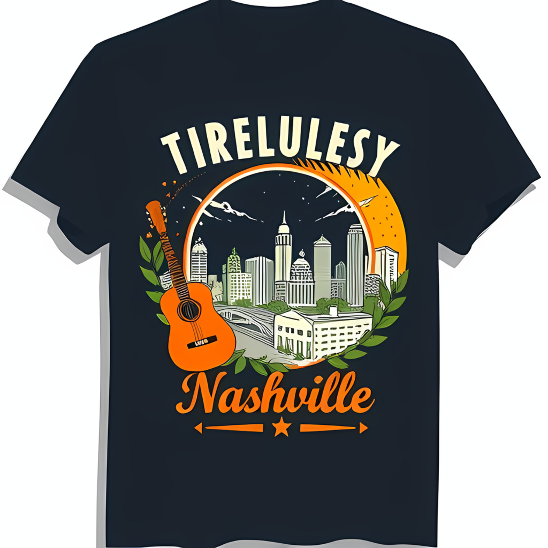 Black T-Shirt with Nashville Design & 'Tirelessly Nashville' Text