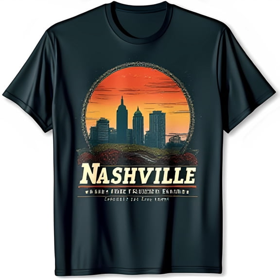 Black T-Shirt with Nashville Graphic and Sunset Design Soft Fabric
