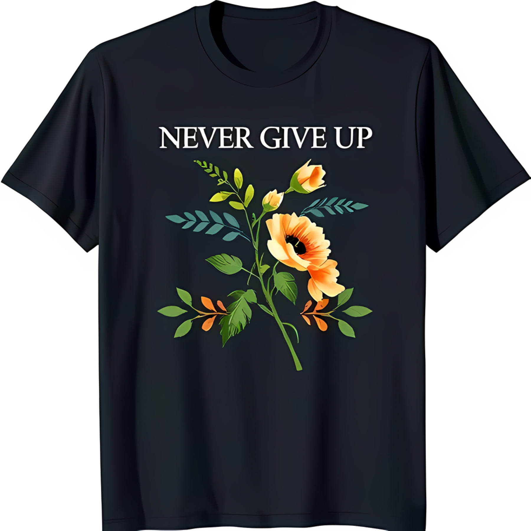 Black T-Shirt with 'Never Give Up' and Vibrant Floral Design - Walmart.com