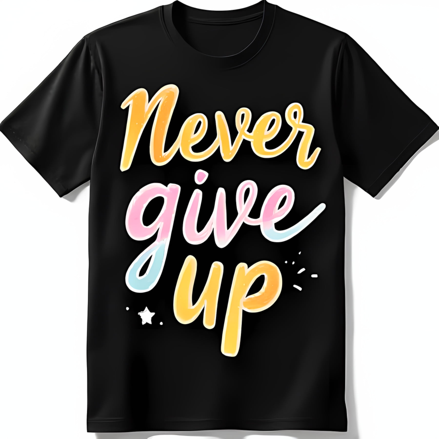 Black T-Shirt with Never Give Up in Colorful Font & Cute Star Design ...