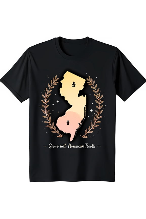 Black T-Shirt with New Jersey Outline Design Pink & Yellow Gradient 'Grown with Roots' Text