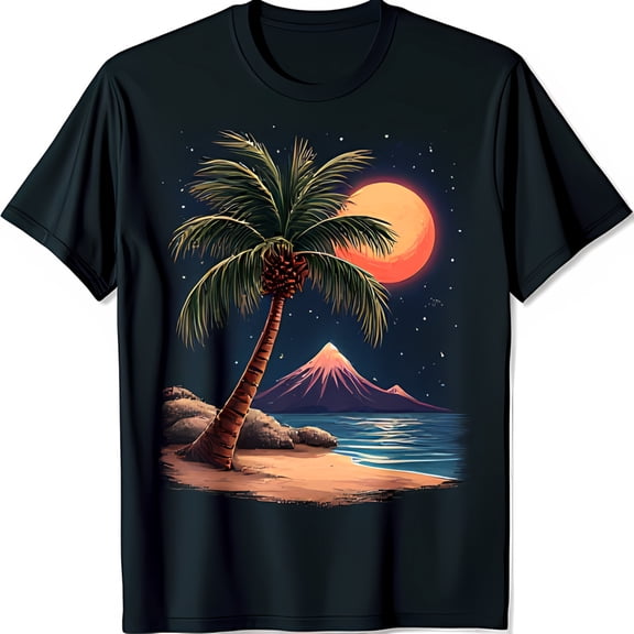 Black T-Shirt with Night Beach Scene Moon Tree & Stars