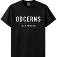 thumbnail image 1 of Black T-Shirt with ODCERNS Graphic and I ES9 FENCALIE Text Below, 1 of 5