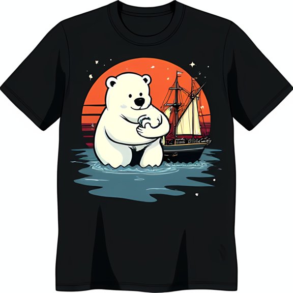 Black T-Shirt with Ocean Graphic & Sunset Design Unique Art