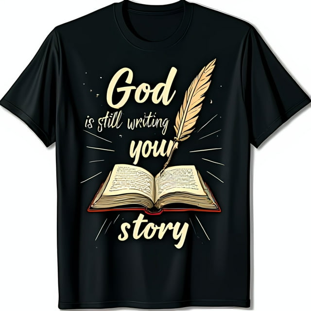 Black TShirt with Open Book & Quill Design God is Still Writing Your