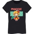 thumbnail image 1 of Black T-Shirt with 'PHACCHI' and Cartoon Girl in Red Dress Holding Leaf, 1 of 5