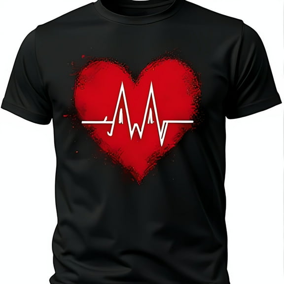 Black T-Shirt with Painted Red Heart & White Heartbeat Line Rock Style