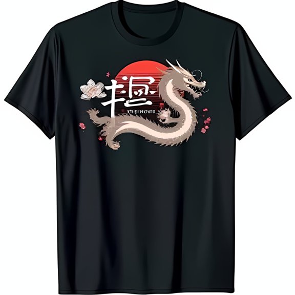 Black T-Shirt with Pale Grey Design Red Sun & Floral Accents