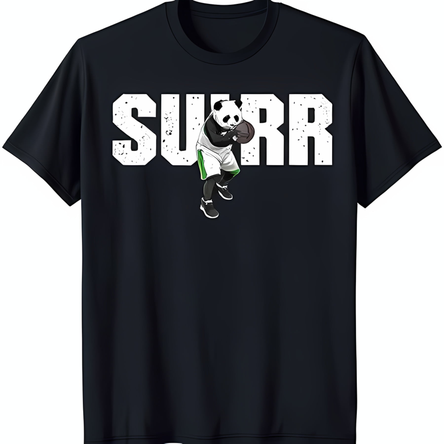Black TShirt with Panda Bear Dribbling Graphic Fun SURR Design