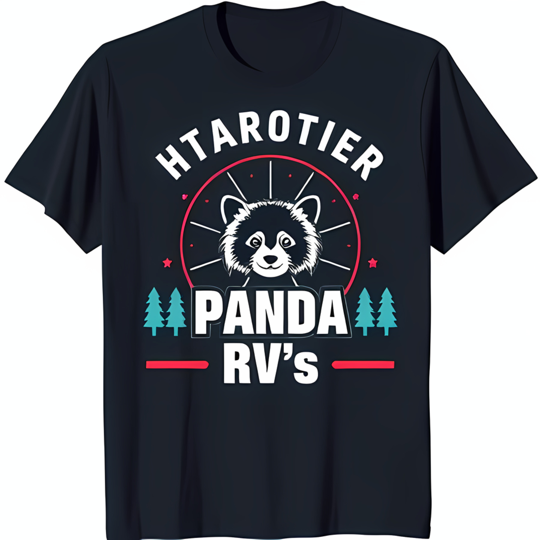 Black TShirt with Panda Face Design 'HTAROTIER' Circle & Pine Trees