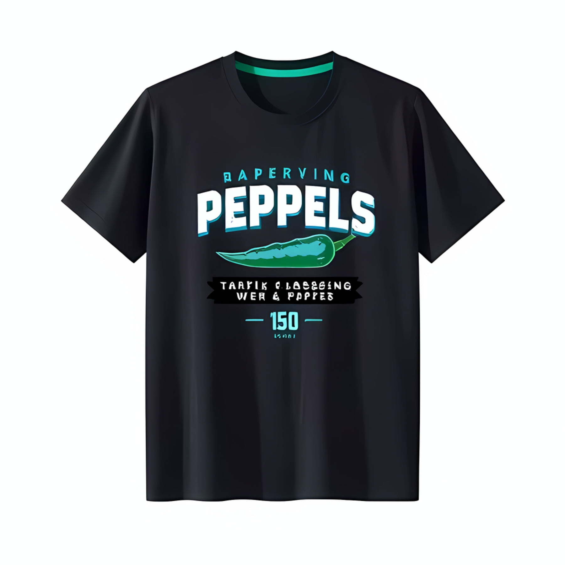Black TShirt with 'Papeerviking Peppels' Graphic Green Pepper Design