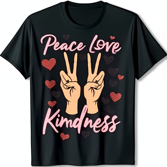 Black T-Shirt with Peace Love Kindness Design & Heart Pattern