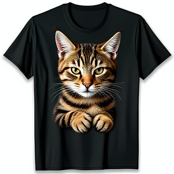 Black T-Shirt with Photorealistic Tabby Cat Graphic for Cat Lovers