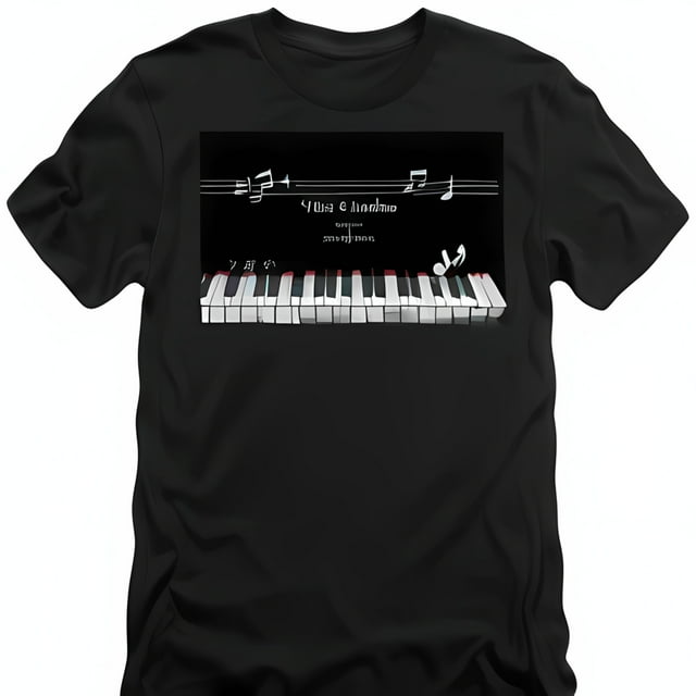 Black TShirt with Piano Keys and Musical Notes Design Treble Clef