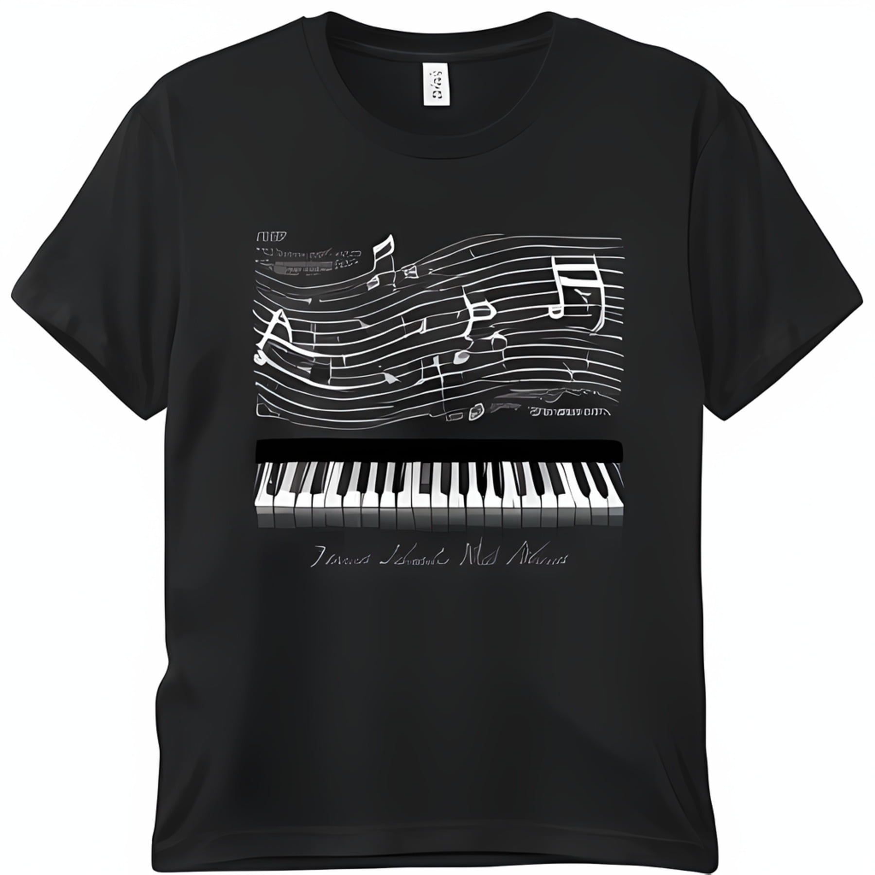 Black T-Shirt with Piano Music Text Musical Notes and Keys Illustration ...