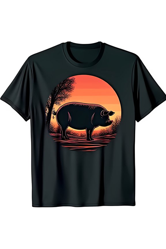Black T-Shirt with Pig and Sunset Design Unique Graphic Tee