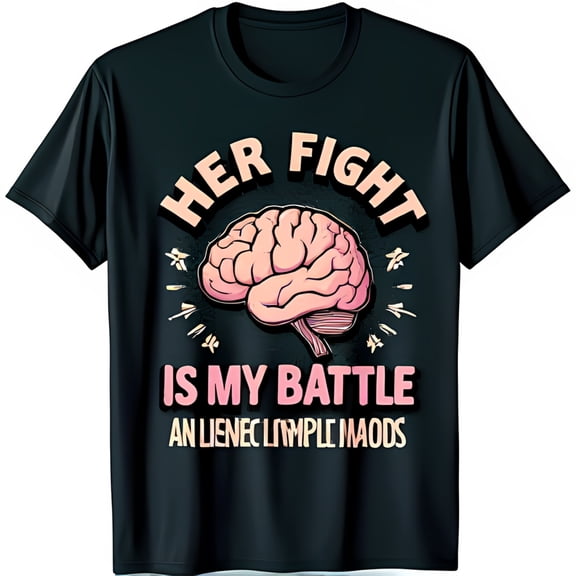 Black T-Shirt with Pink Brain Graphic & HER FIGHT IS MY BATTLE Design